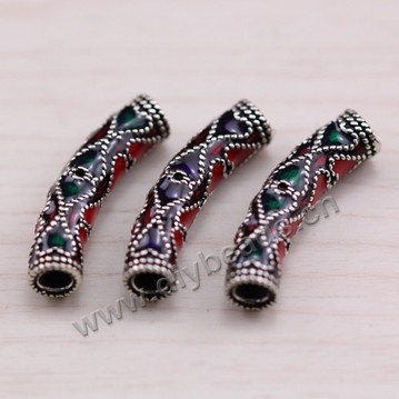 Enamel Bead, 925 Thai silver, bend tube, 9*11mm, 3mm hole, multicolored, Sold per pkg of 3 pcs.
