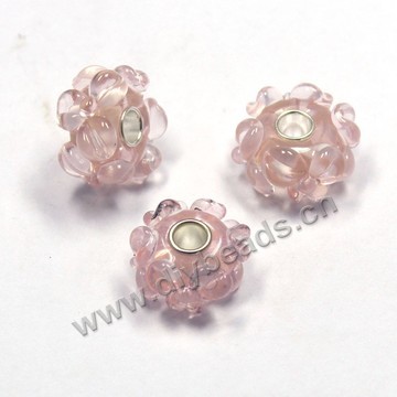 Bead,big-hole beads ,lampworked glass with silver-finished brass,16x10m rondelle,Pink,mini order 50pcs