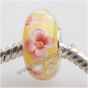 Bead, big-hole beads,Lampworked glass and silver-plated brass grommet,yellow with flower, 14x7mm rondelle with 4.5 mm hole,sold per pkg of 50ps