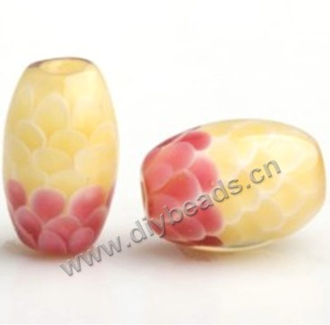 Bead,lampworked glass,red with light yellow, 15*10mm oval with fish scale design. Sold per pkg of 5.