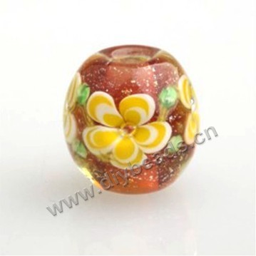 Bead,Japan lampworked glass,yellow with flower, 14x14mm round.mini order 100pc 