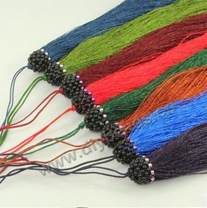 Tassel, silk (imitation) , assorted colors, 6-1/2 inches with seed beads cap. Sold per pkg of 10. 