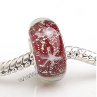Bead, big-hole beads,Lampworked glass and 925 sterling silver grommet,red with flower,14x7mm rondelle with 4.5 mm hole,sold per pkg of 50ps