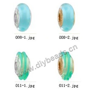 Bead,big-hole beads ,lampworked glass with silver-finished brass grommets,mixed colors and designs,6x12mm-8x14mm rondelle ,4mm spiral hole,sold per pkg of 4ps