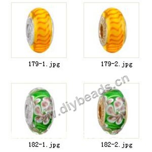 Bead,big-hole beads ,lampworked glass with silver-finished brass grommets,mixed colors and designs,6x12mm-8x14mm rondelle ,4mm spiral hole,sold per pkg of 10ps