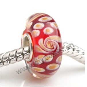 Bead, big-hole beads,Lampworked glass and 925 sterling silver grommet,red with flower, 14x7mm rondelle with 4.5 mm hole,sold per pkg of 50ps