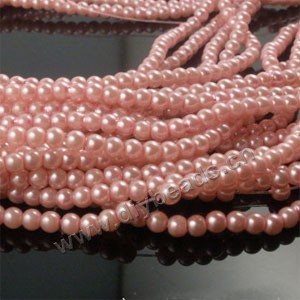 Bead, glass pearl, medium pink, 4mm round. Sold per pkg of two 16-inch strands.