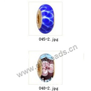 Bead,big-hole beads ,lampworked glass with brass grommets,mixed colors and designs,6x12mm-8x14mm rondelle ,4mm spiral hole,sold per pkg of 4ps