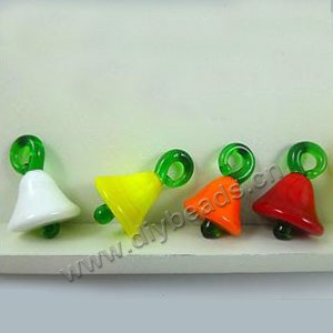 Charm, lampworked glass, orange,white,yellow,red,4 colors to option, 23x12mm bell. Sold per pkg of 200.
