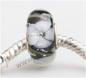 Bead, big-hole beads,Lampworked glass and 925 sterling silver grommet,Black with flower, 14x7mm rondelle with 4.5 mm hole,sold per pkg of 50ps