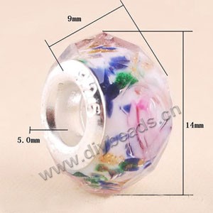 Bead,big-hole beads ,lampworked glass with silver-finished brass ,pink/blue/green,9x14mm faceted rondelle with flower,4.5mm hole,sold per pkg of 10ps