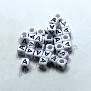 Bead, acrylic,White,alphabet is A, 6x6mm cube with 3.5mm drill hole. Sold per pkg of 100ps