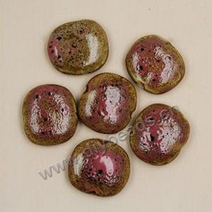 Bead, fancy glaze porcelain, pink and brown, 27-30mm flat round. Sold per pkg of 18 beads 