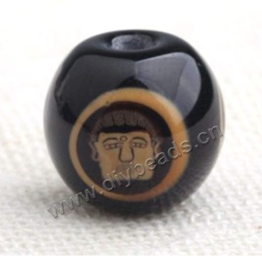 Bead,lampworked glass,black with three sides buddha, 14mm round. Sold per pkg of 5.
