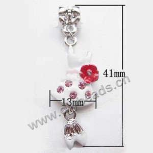 Charm, big-hole beads,  pewter  and enamel, white/red, 13x41mm single-side skirt  and shoes with rhinestone,and 4.5mm hole. Sold per pkg of 10ps