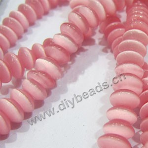 Bead, cat's eye glass, pink,5x10mm rondelle. Sold per 15-inch strand.