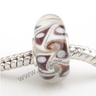 Bead, big-hole beads,Lampworked glass and silver-plated brass grommet,white with flower,14x7mm rondelle with 4.5 mm hole,sold per pkg of 50ps