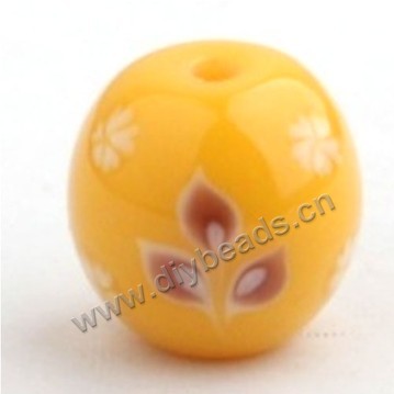 Bead, lampworked glass,yellow with flower, 18x18mm round.mini order 50pc 