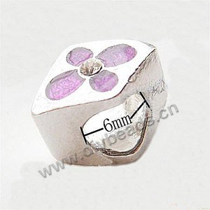 Bead, big-hole beads,silver-plated pewter and enameled ,purple, 8.5x12mm diamond with flower and rhinestone, 6mm hole. Sold per pkg of 10ps