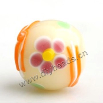 Bead,Japan lampworked glass,white with bright flower, 16x16mm round.mini order 100pc 