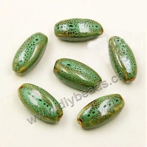 Bead, fancy glaze porcelain, green, 27x12mm long oval. Sold per pkg of 30 beads 