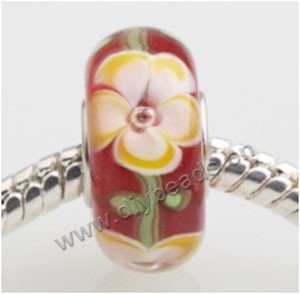 Bead, big-hole beads,	Lampworked glass and silver-plated brass grommet,red with flower, 14x7mm rondelle with 4.5 mm hole,sold per pkg of 50ps