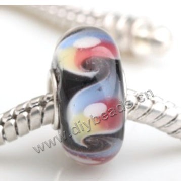 Bead, big-hole beads,Lampworked glass and silver-plated brass grommet,black with flower,14x7mm rondelle with 4.5 mm hole,sold per pkg of 50ps