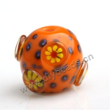 Bead,Japan lampworked glass,yellow with bumpy flower, 16x16mm round.mini order 100pc 