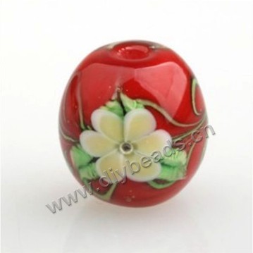 Bead,Japan lampworked glass,red with flower, 16x16mm round.mini order 100pc 