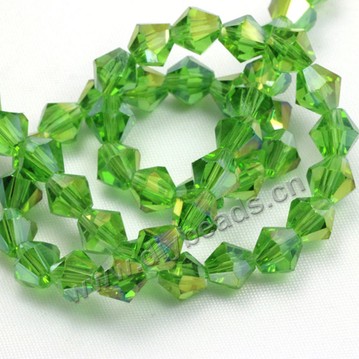 beads, glass, grass green AB, facted bicone beads, 8mm, sold per package of 5 strands-(40pcs/strand).