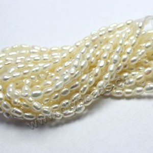 Pearl, cultured freshwater, white, 3mm rice , B grade. Sold per pkg of (50) 13-3/4 inch strands.