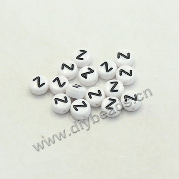 Bead mix, acrylic, white with black alphabet Z, 7x4mm double-sided flat round with 1.2mm drill hole. Sold per pkg of 100ps