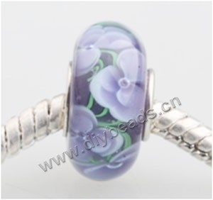 Bead, big-hole beads,Lampworked glass and silver-plated brass grommet,Purple with flower, 14x7mm rondelle with 4.5 mm hole,sold per pkg of 50ps