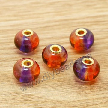 Bead,big-hole beads,glass with brass grommets,colorful,10x13mm rondelle,4mm hole,sold per pkg of 30ps