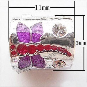Bead, big-hole beads,silver-plated pewter and enameled ,red/purple, 11x10mm round tube with dragonfly and rhinestone, 6mm ho