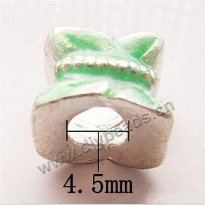 Bead, big-hole beads,pewter and enameled , green, 10x9mm double-side bow with 4.5mm hole. Sold per pkg of 10ps