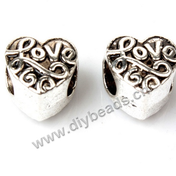 Bead,big-hole beads,alloy,10x10mm,heart,silver color,Sold per pkg of 50ps