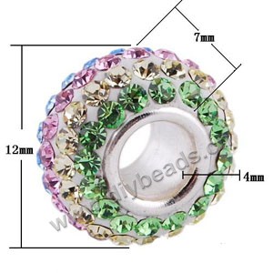 Bead, big-hole beads,clay rhinestone and silver-finshed brass grommet, green/clear, 6x12mm rondelle with 4 mm hole,sold 20ps
