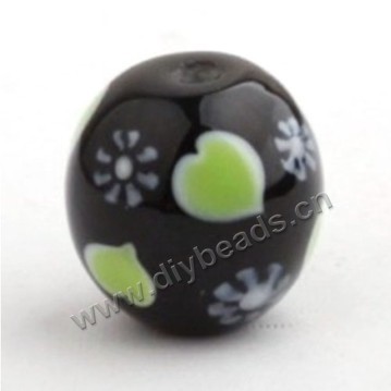 Bead, lampworked glass,black with flower, 18x18mm round.mini order 50pc 
