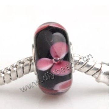 Bead, big-hole beads,Lampworked glass and 925 sterling silver grommet,black with flower,14x7mm rondelle with 4.5 mm hole,sold per pkg of 50ps