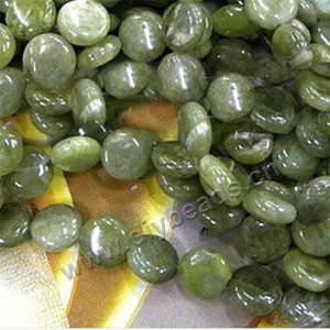 Bead, olive new "jade" (natural), 8mm flat round. Sold per 16-inch strand