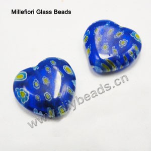 bead,millefiori glass,cobalt blue/yellow/light blue ,14x14x4mm flat heart,approximately 26ps/strand 