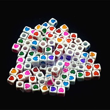 Bead ,acrylic,white with colorful heart,7x7mm,cube, Sold per pkg of 1000ps