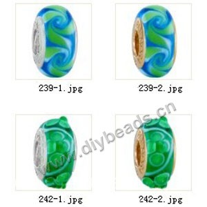 Bead,big-hole beads ,lampworked glass with silver-finished brass grommets,mixed colors and designs,6x12mm-8x14mm rondelle ,4mm spiral hole,sold per pkg of 10ps