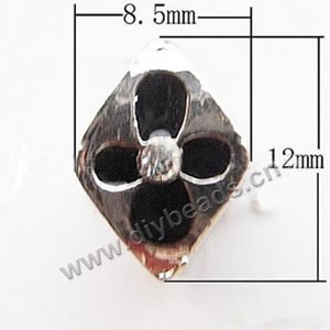 Bead, big-hole beads,silver-plated pewter and enameled ,black, 8.5x12mm diamond with flower and rhinestone, 6mm hole. Sold per pkg of 10ps