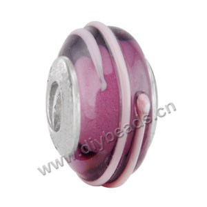 Bead,big-hole beads ,lampworked glass with silver-finished brass grommets,purple,6x12mm-8x14mm rondelle with bumpy lines,4mm spiral hole,sold per pkg of 10ps