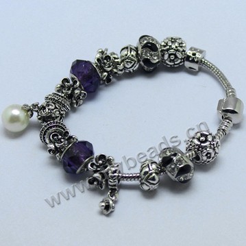 Bracelet,alloy and glass,ancient silver ,large hole beads,Sold per package of 1 piece