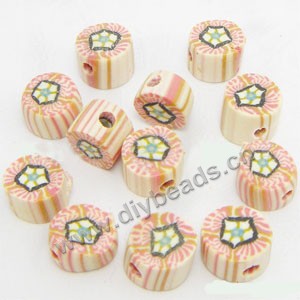 Bead, polymer clay, pink/balck/white, 6x4mm double-sided flat round with flower. Sold per pkg of 24.