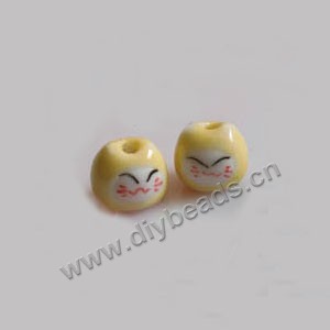 Bead, porcelain, yellow,white, 12x12mm hand-painted lucky cat . Sold per pkg of 6.