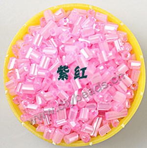 Bugle bead, glass,silky luster,pink,#1 (3x2mm)beads. Sold per pkg of 80 grams,approximately 4,500ps.